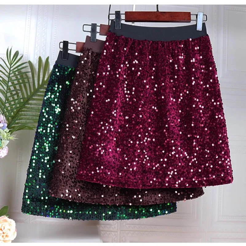 Velvet Sequined A-line Skirt Women's Autumn Winter Shiny Skirt High Waist Slimming Skirt Embroidery Heavy Industry Mini Skirts