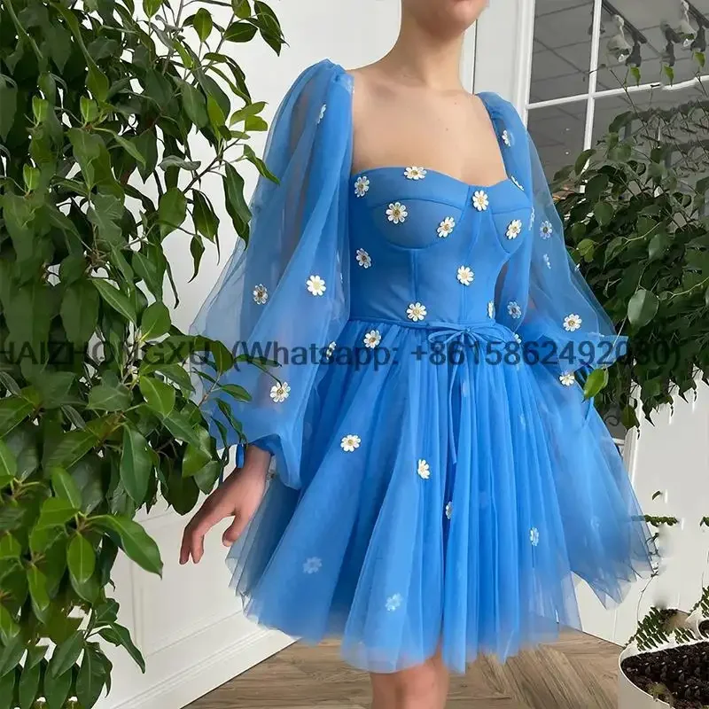 

Chic Short A-line Mini Prom Dress Flowers Appliques Long Puffy Sleeves Evening Dress 2022 Sweetheart Neck Party Dress Robe