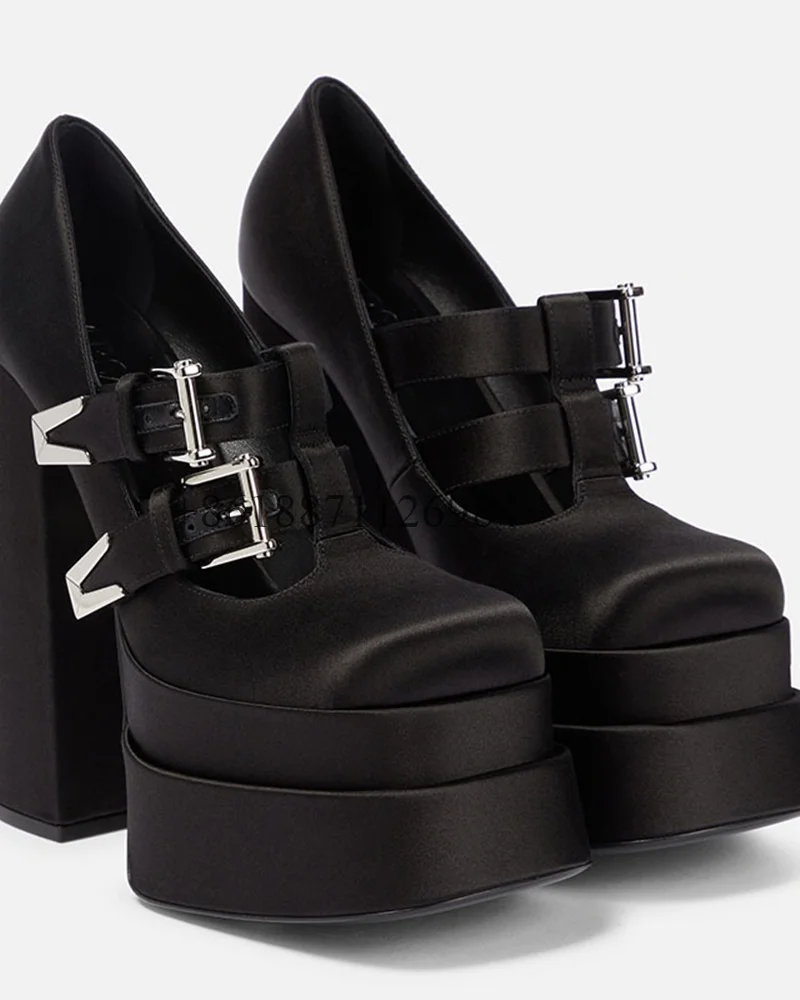 

Genuine Leather Black Platform Square Toe Women Pumps Shoes With Belt Buckle Chunky Super High Heels Buckle Strap Design Shoes