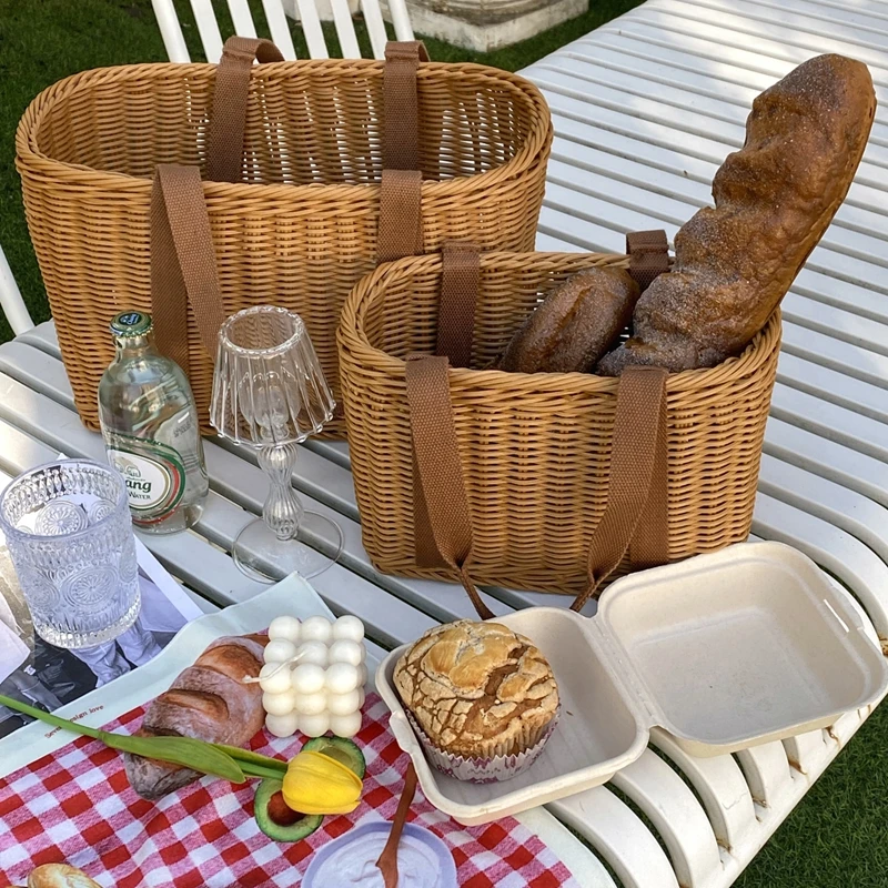 Outdoor Picnic Storage Basket With Handle Lightweight Rattan Storage Basket Camping Hand-woven Picking Baskets Laundry Basket