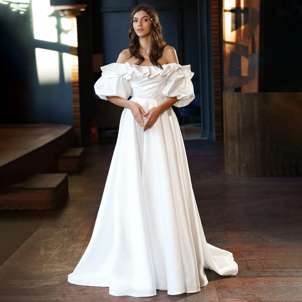 

A Line Wedding Dresses White Satin Ruffle Off the Shoulder Gowns for Women 2023 Bride Puff Sleeves Bridal Dress Long