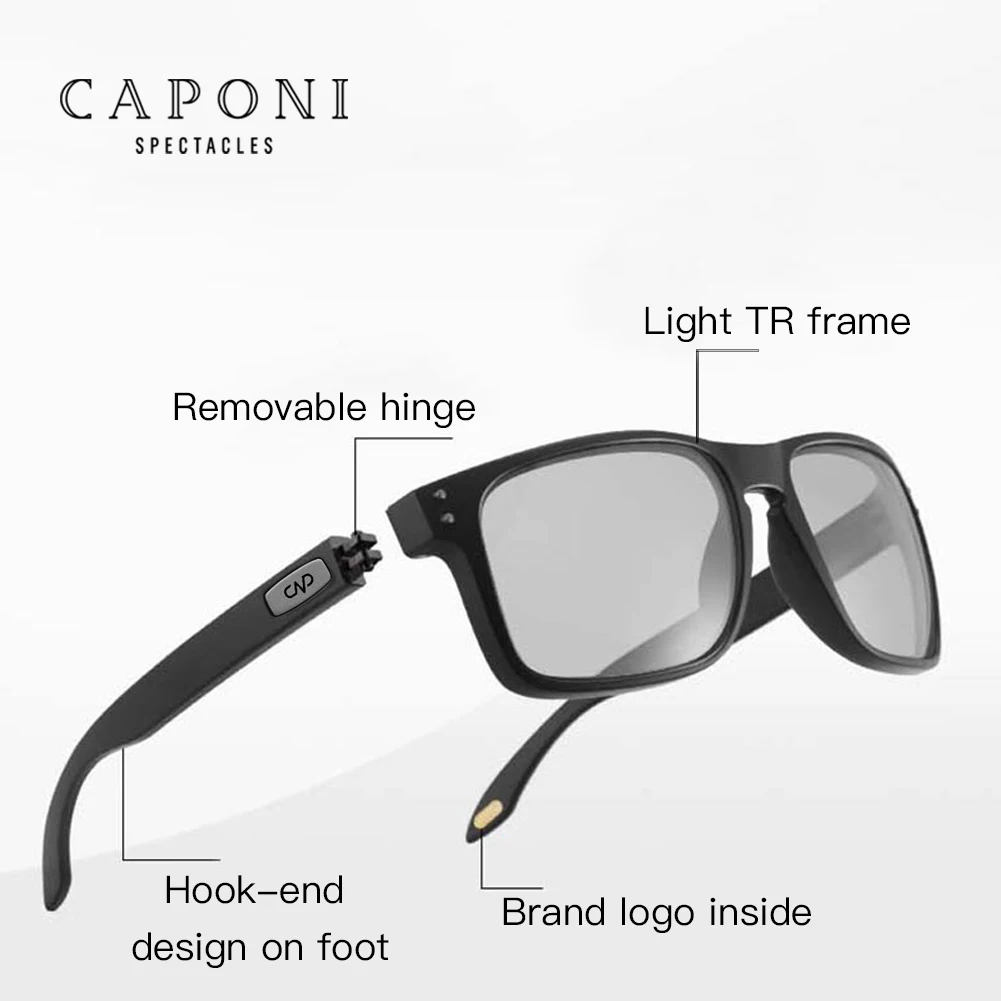 Polarized Sunglasses CAPONI Men Vintage Brand Designer Driving Sun Glasses Photochromic Square TR Frame Black Shades BS9417