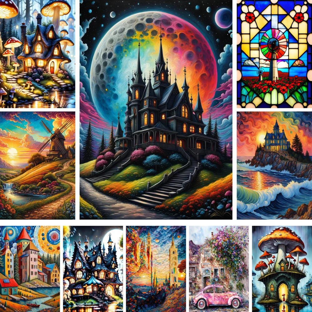Dream House Landscape Printed 11CT Cross Stitch DIY Embroidery Set Handiwork Needlework Handicraft Hobby Stamped Jewelry