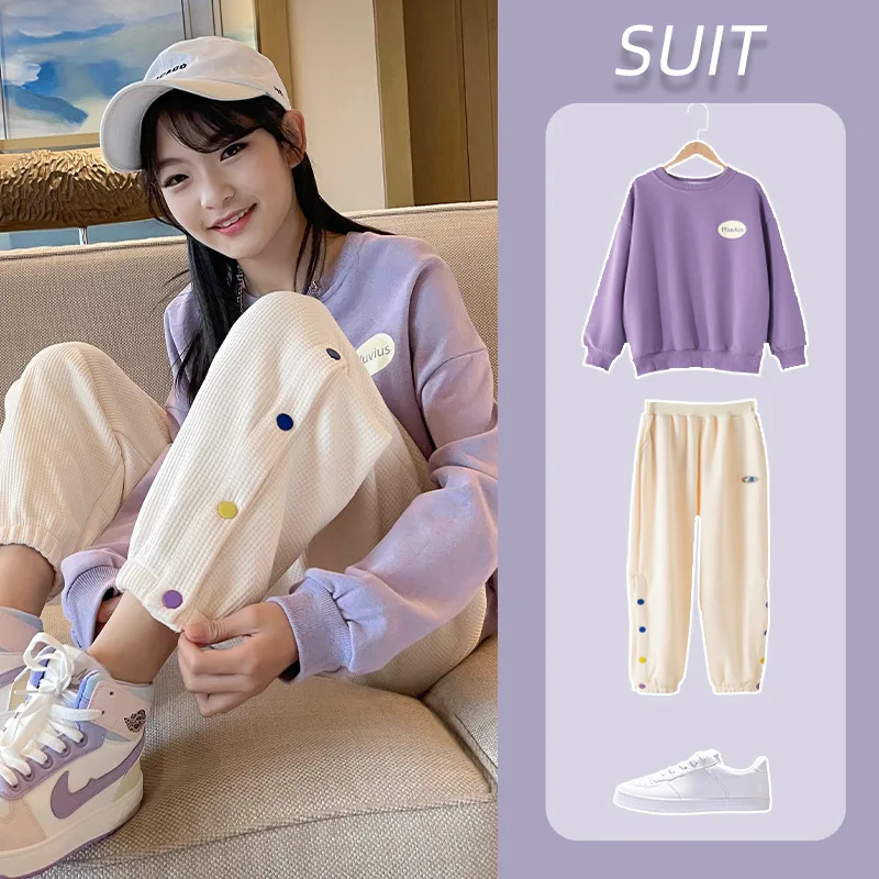 

New Girls Sports Suit Kids Hoodie + Loose Pants 2pcs Girl Long Sleeve Children Streetwear Teenage Girl Clothes Set 6 8 10 12 14