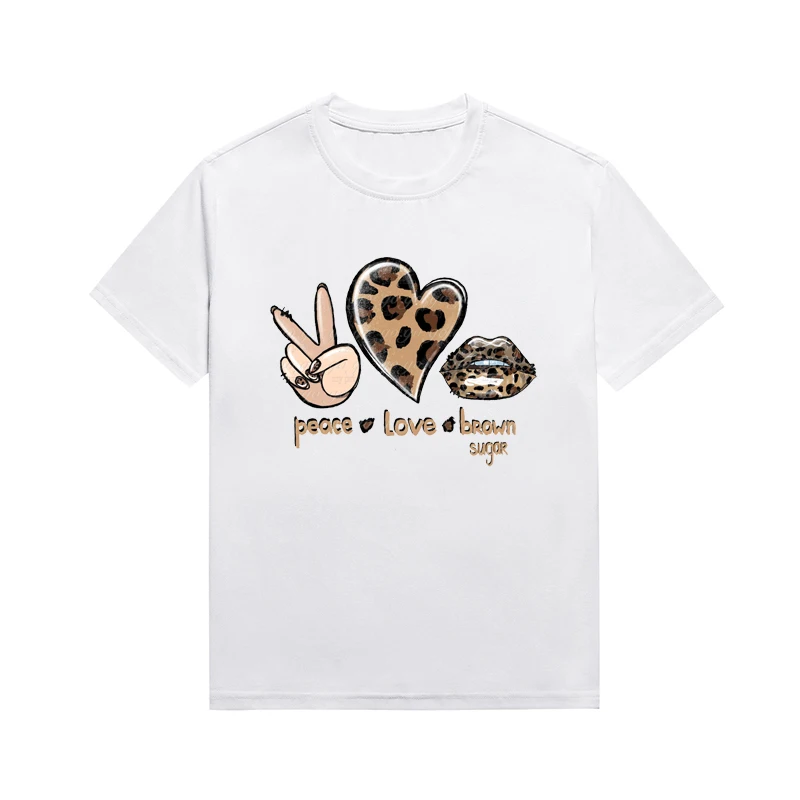 

Peace Love Brown Sugor Slogan T-shirt Leopard Graphic Printing Tee Melanin Lady Short Sleeve Tees Custom Top