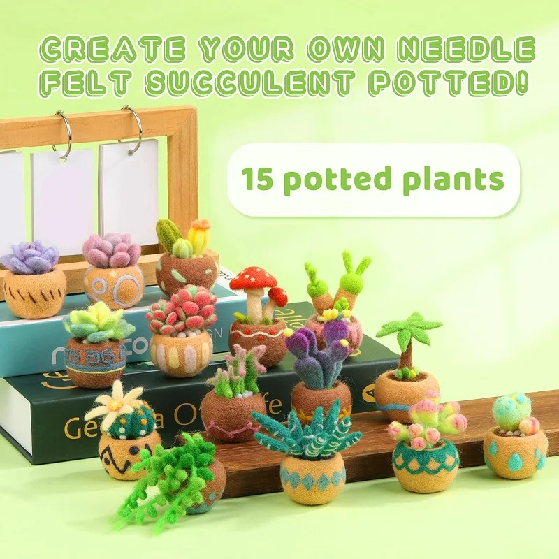KRABALL Succulent Needle Felting Set With Wool Roving Felting Pad And Instruction For Beginner DIY Handmade Craft Tools Kit