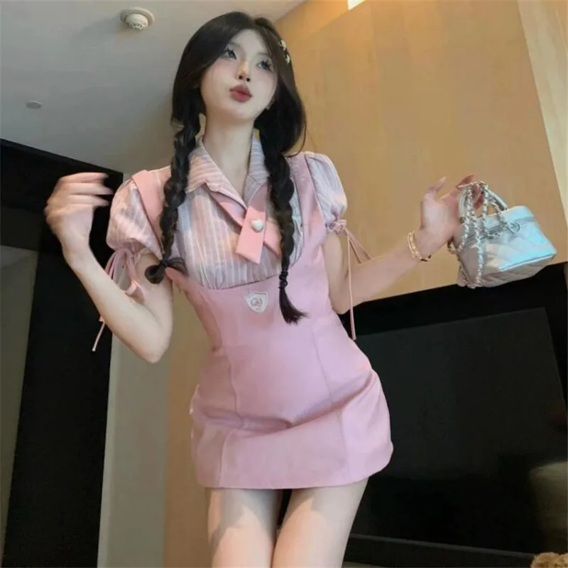 

New Summer Sweet 2 Piece Pink Sets Fashion 2pc Puff Sleeve Striped Bow Shirt Top+Mini Suspender Dress Two Piece Matching Suits