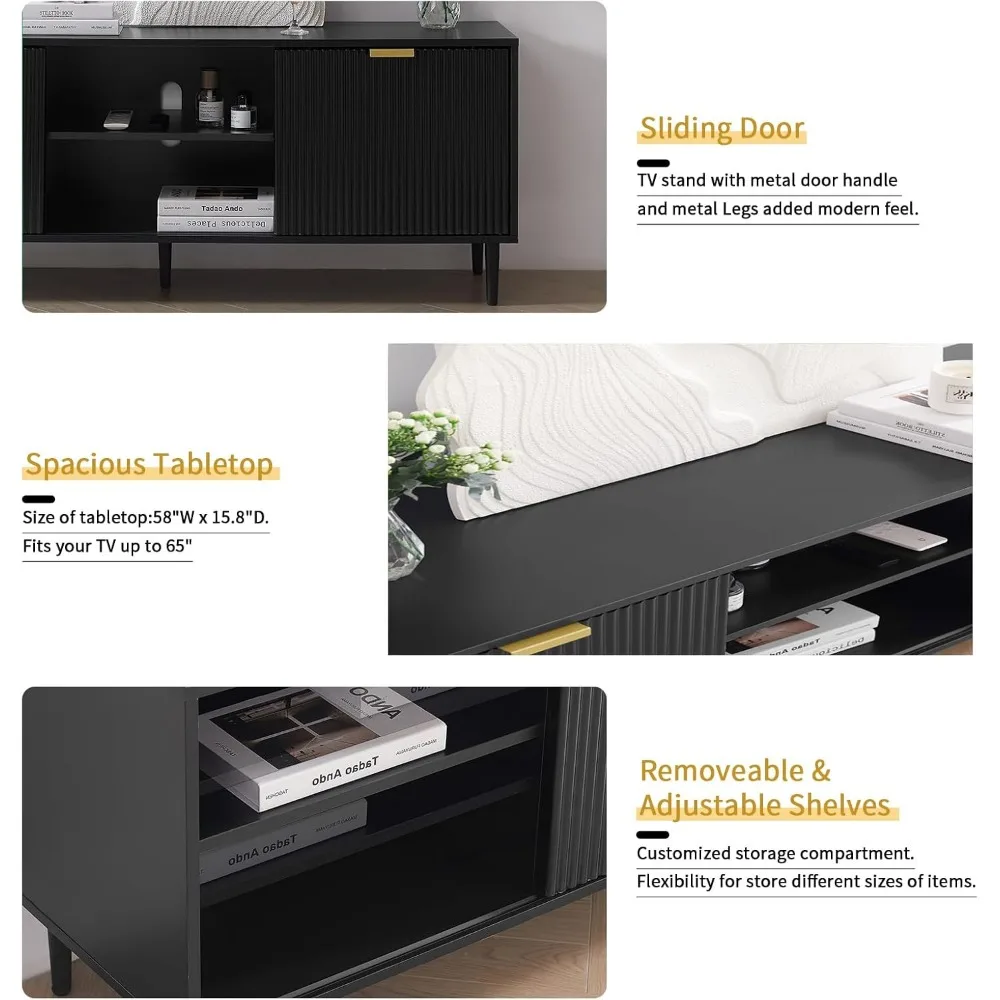 Black TV Stand, Modern TV Consoles for Living Room 65+ Inch TV, Fluted Panel Media Console with Sliding Doors & Ajustable Shelv 2