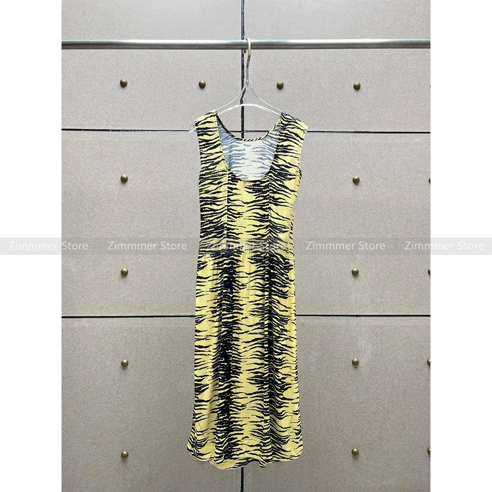 

24 Spring and summer new women's niche design collision color tiger print U neck long sleeveless dress