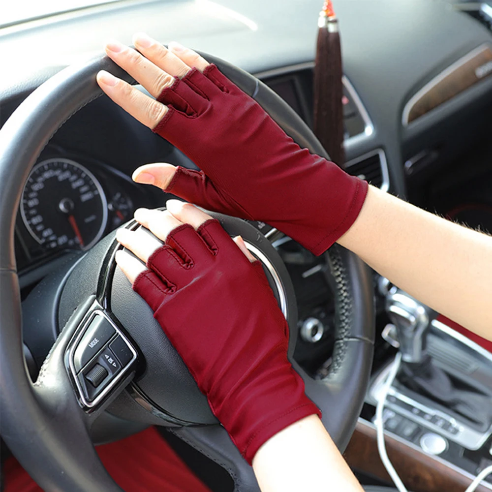 

Women Thin Stretch Sunscreen Breathable Sweat Absorption Driving Gloves Mittens Half Finger gloves Anti-UV