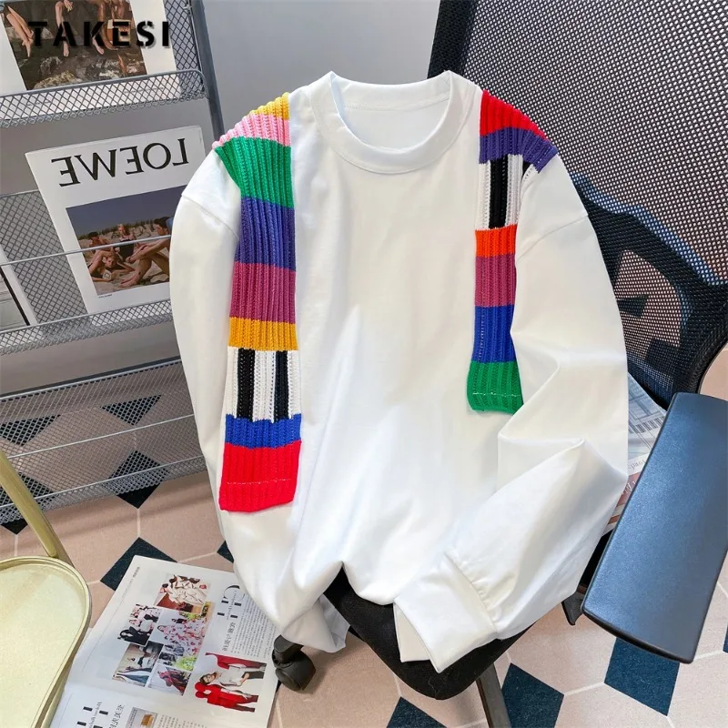 

Весна 2024, Повседневные вязаные футболки в стиле пэчворк с длинным рукавом и круглым вырезом, женские модные Универсальные стильные футболки Y2K для молодых людей, топы