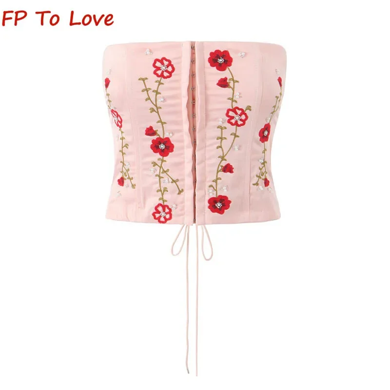 

Y2K Sexy Floral Embroidery Hooked Strap Tank Tops Sheath Pink Designer Back Cross Threaded Tie Fishbone Corset Top