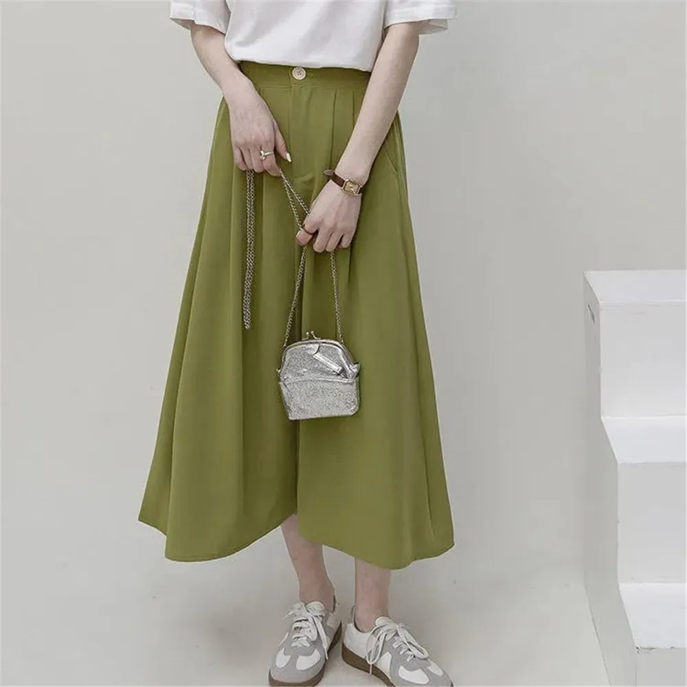 

6 Colors Long Skirt Brown Summer Korean Fashion High Waist Black Midi Skirt Women Elegant A Line Girls Pleated Skirt Gray Spring