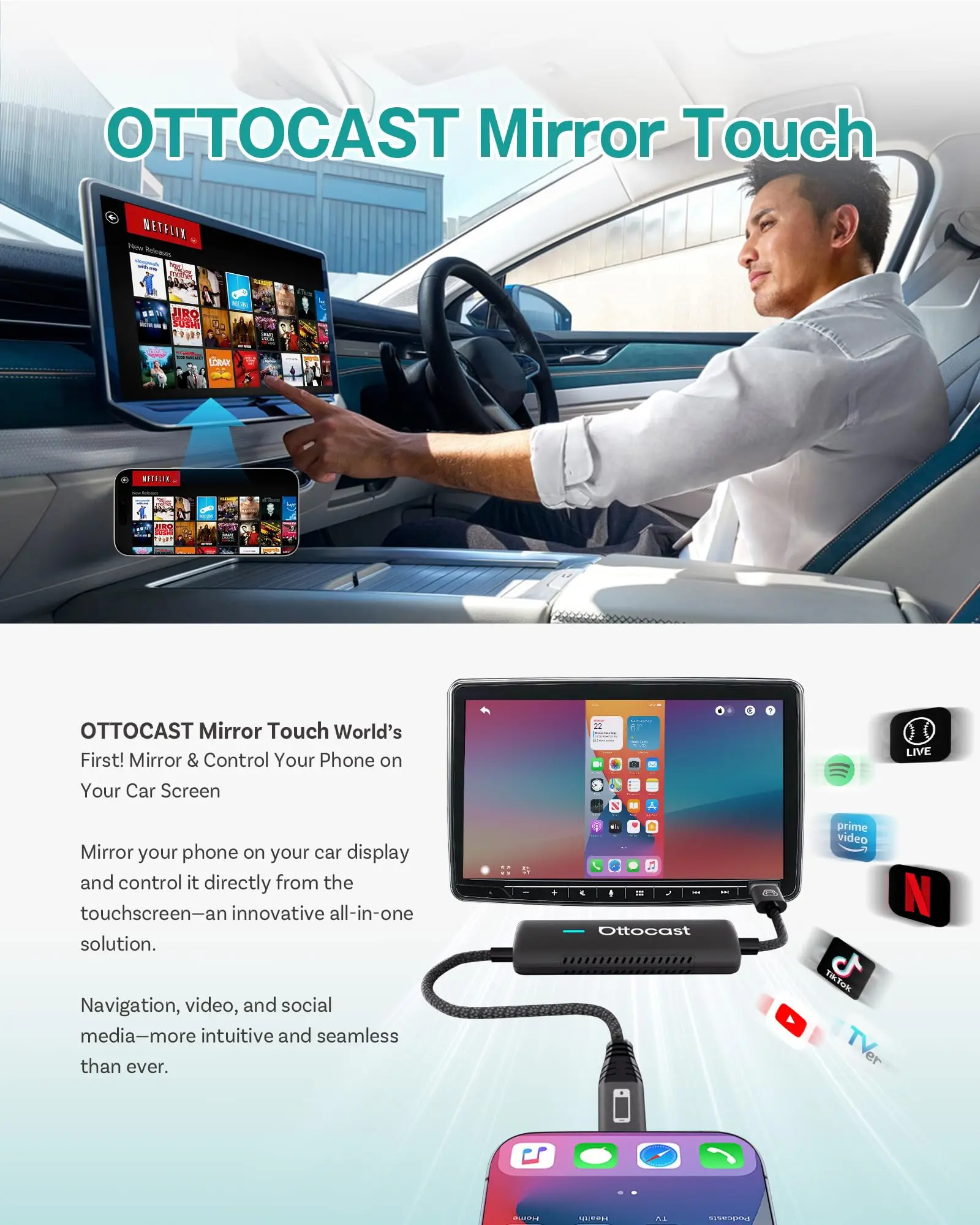 OTTOCAST Mirror Touch Wireless CarPlay & Bi-Directional Phone