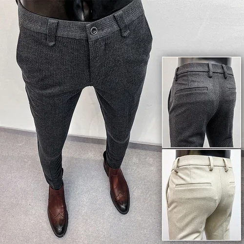 남성용 모직 바지, 두꺼운 보온 바지, 단색 캐주얼 정장 바지, 슬림 정장 바지, 남성 의류, 2023 겨울 4