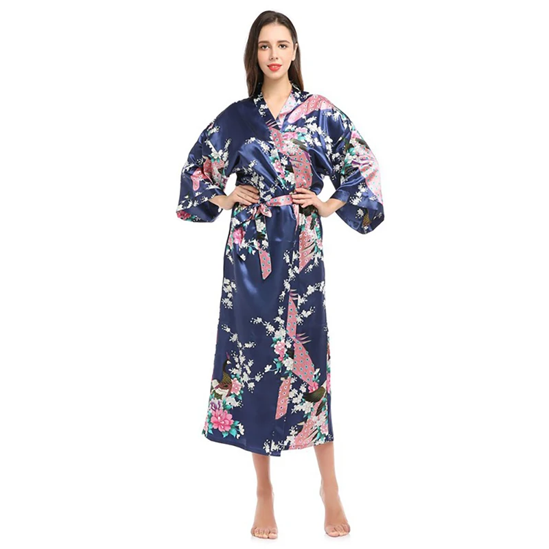 Women Sleepwear Bride Robes Silk Robe Womens Silk Satin Kimono Robes Long Sleepwear Dressing Gown Floral Peacock Printed Pattern Party Wedding Bridesmaid Bathrobe