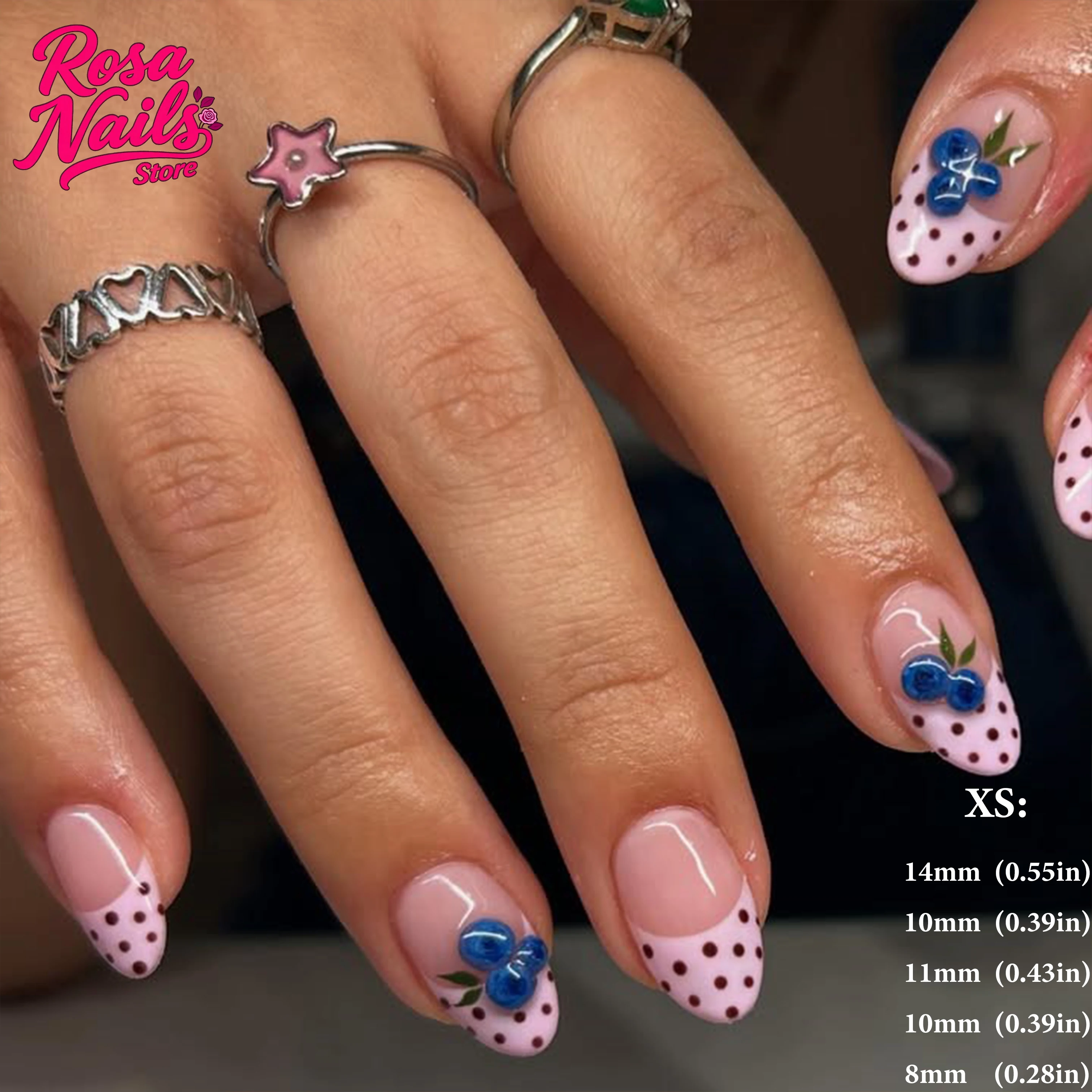 Summer Chic Polka Dot Press-On Nails with 3D Floral Accents in Pink, Yellow, and Brown French Tips