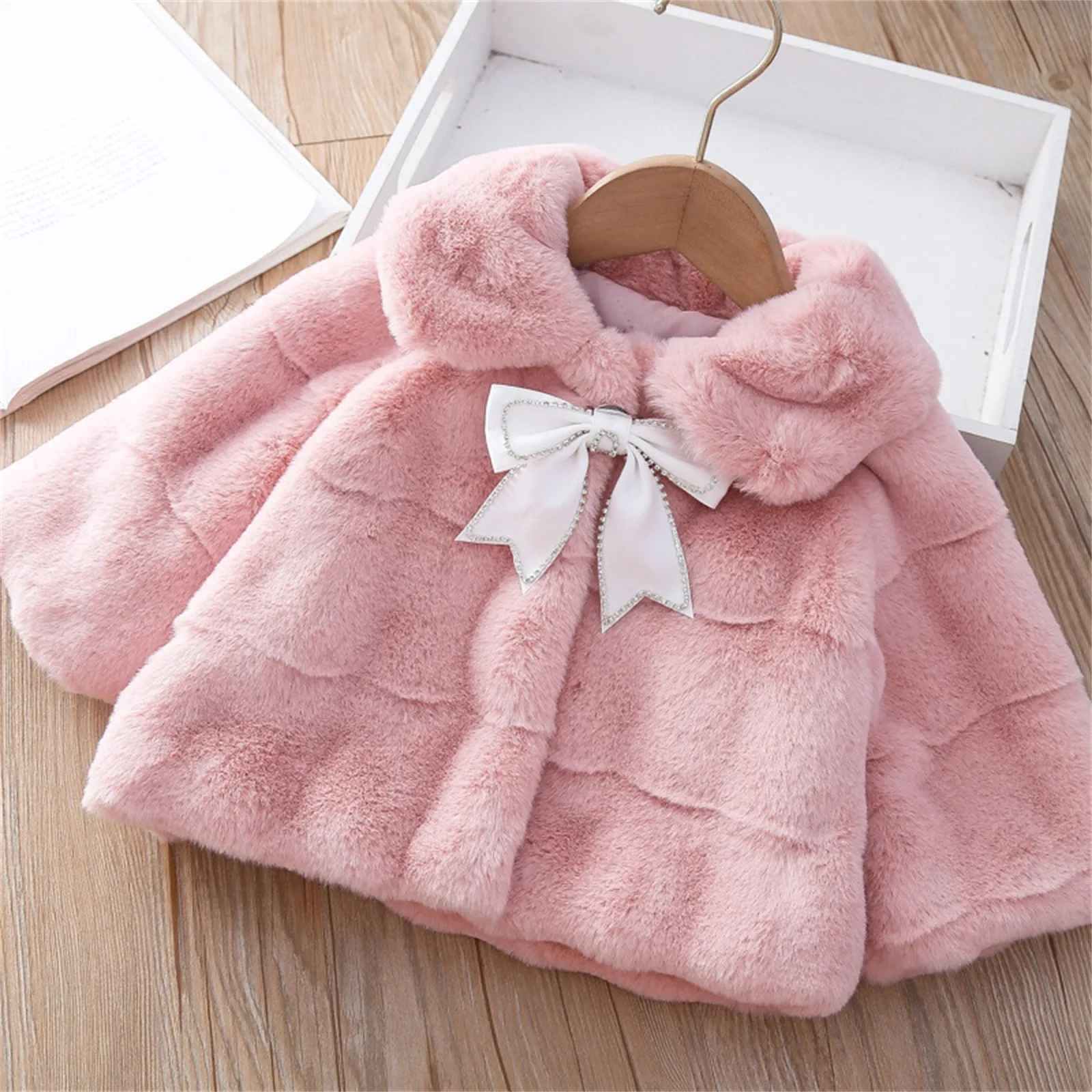 Kids Girl Winter Bowknot Coats Fleece Jacket Faux Rabbit Fur Children Girls Clothing Autumn Outwear Baby Clothes 1T 2T 3T 4T 5T