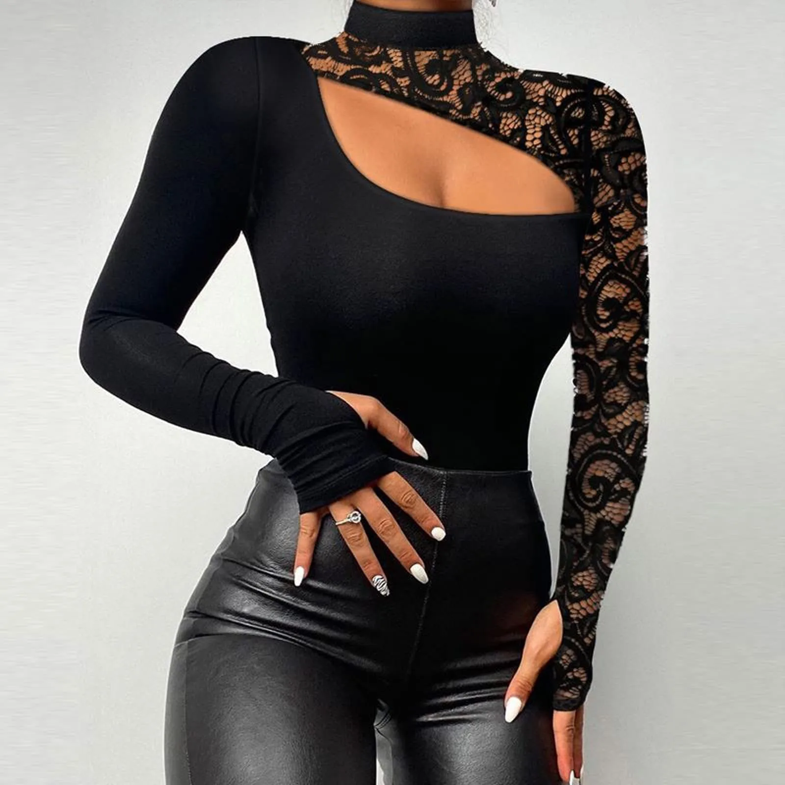 Women'S Long Sleeve Top Fashion Casual Solid Color Lace Splicing Sexy Irregular Lace Hollow Top Women'S Bottom Shirt топ женский