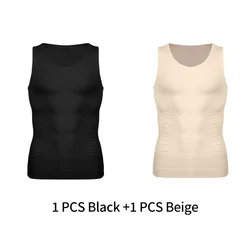 Men's Slimming Compression Tank Top - Body Shaper Vest for Workout & Tummy Control (Black and Beige)