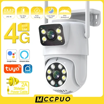 Mccpuo 듀얼 렌즈 PTZ 4G 카메라, 듀얼 스크린 Ai 인간 자동 추적, 야외 와이파이 보안 비디오 감시 카메라, 투야, 4K 8MP