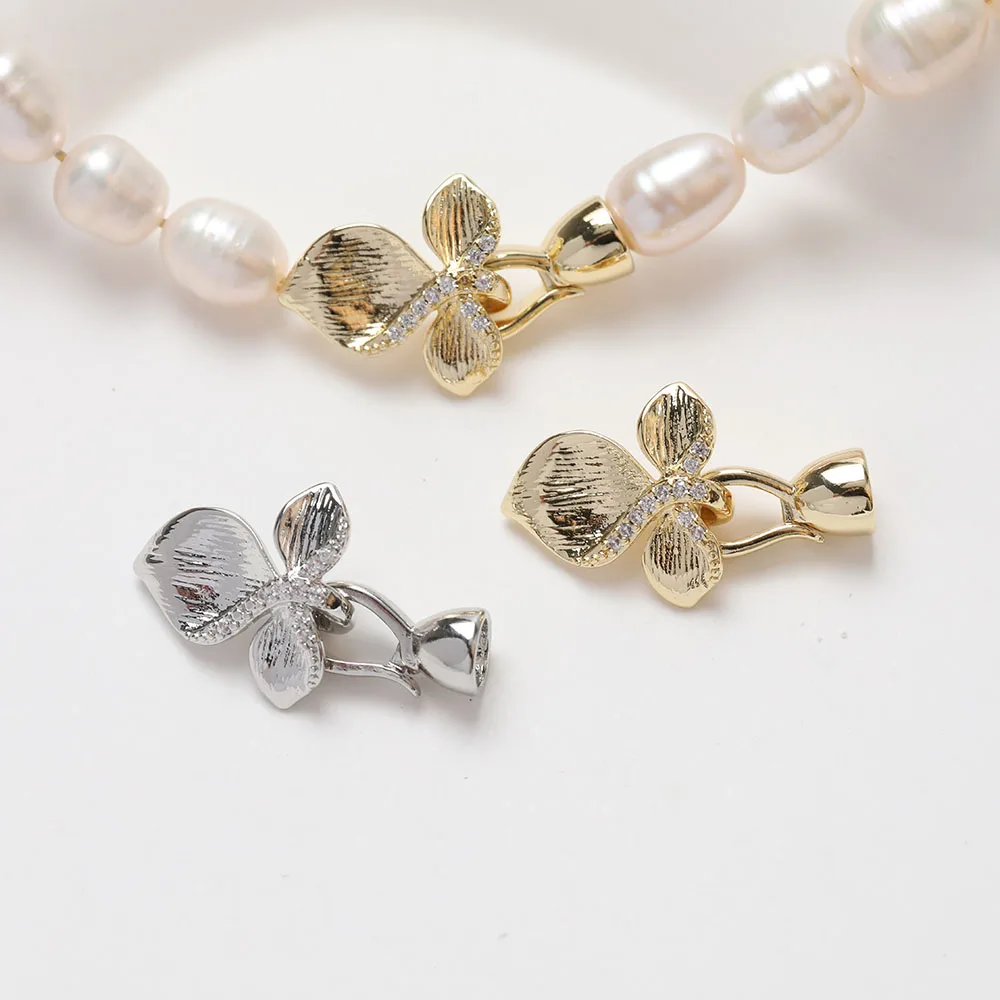 

2PCS 14K Gold Plated Three Leaves Flower Connector Buckle Brass Inlaid Zircon Jewelry DIY Necklace Bracelet Accessories