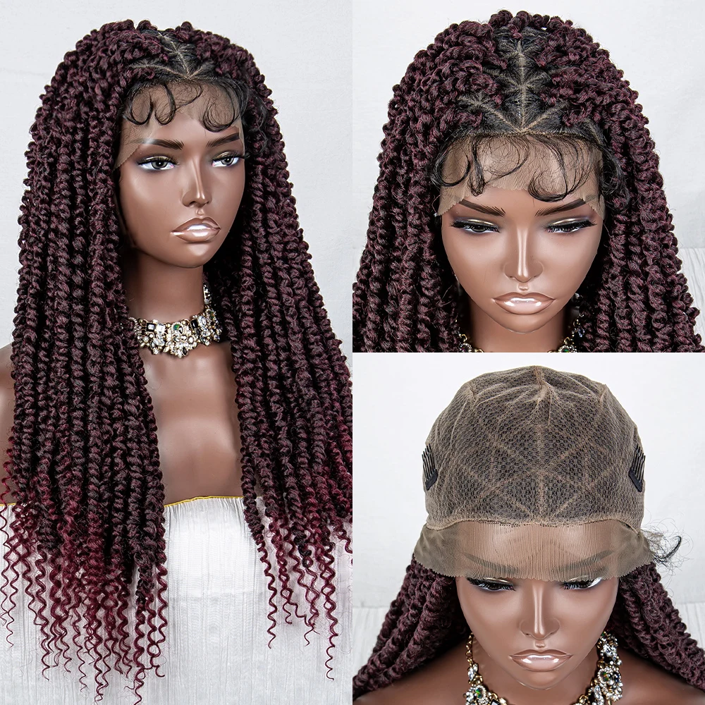 Full Lace Braided Wigs Synthetic Burgundy Dreadlocks Braided Lace