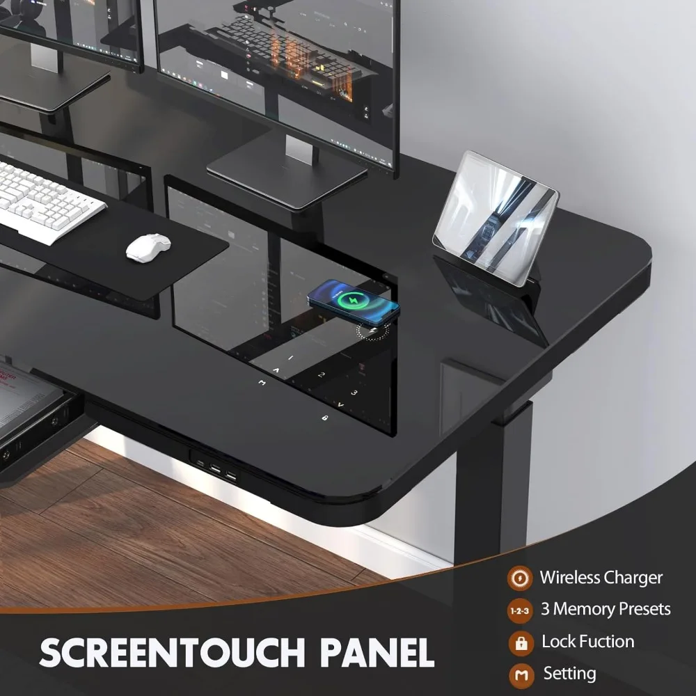 Electric Glass Standing Desk with Touch Control, Dual Motor Height Adjustable Desk with Drawer,Wireless Charging and 3 USB Ports 4