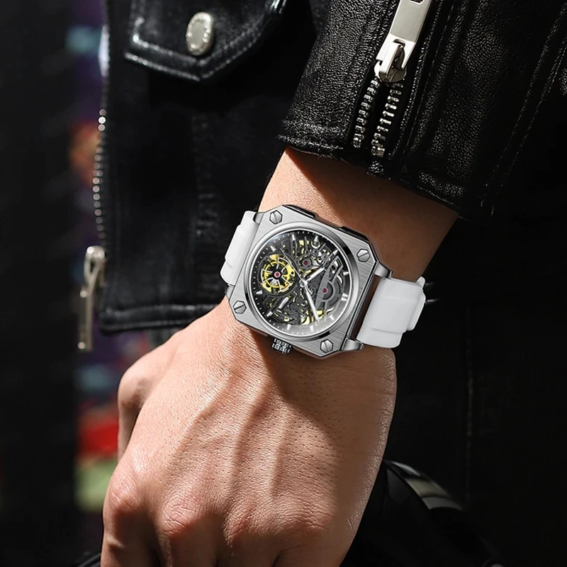 2023 New Top Brand Luxury BOX BINBOND H1133 Tourbillon Mechanical Watch Men Automatic Steel Strap Skeleton Mens Watches