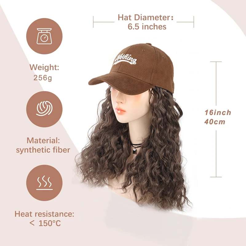 LUPU Women's Baseball Cap Strap Hair Extension Heat-Resistant Synthetic 16 inch Adjustable Curly Wig, Suitable for Girls
