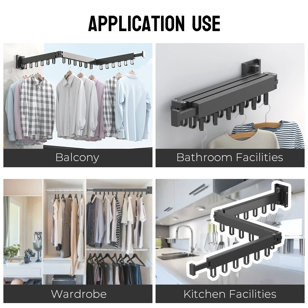 Retractable Cloth Drying Rack Folding Clothes Hanger Aluminum Indoor and Outdoor Wall Mount Space Saving 4