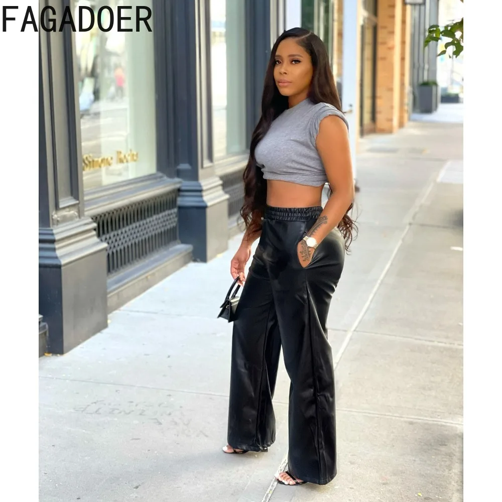 FAGADOER Fashion PU Leather Wide Leg Pants Women High Waisted Elasticity Trousers Casual Female Solid Color Pocket Bottoms 2023