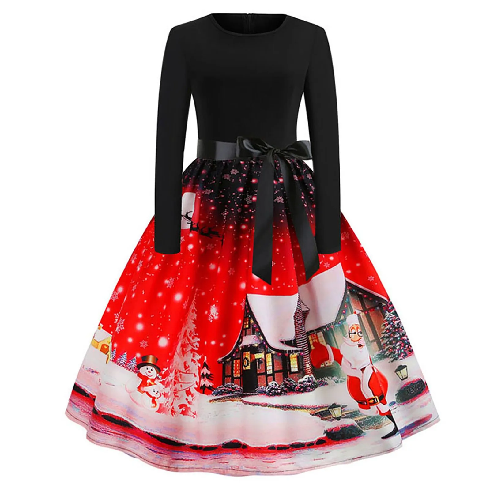 

Elegant Dresses For Women Women Evening Party Prom Dress Vintage O-Neck A-Line Long Sleeve Christmas 1950s Housewife Robe Femme