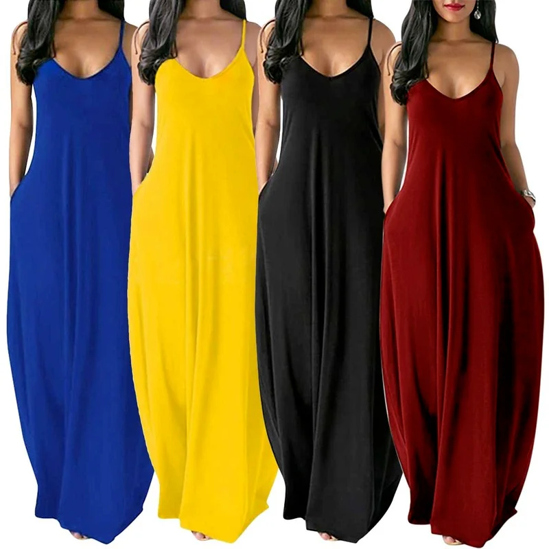 

Women Pocket Long Dress Sexy V-Neck Sleeveless Loose Casual Dresses Summer Spaghetti Strap Solid Color Beach Maxi Dress S-5XL