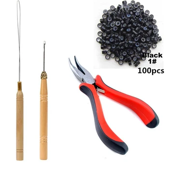 I-Tip Hair Extension Tool Kit with Pliers Pulling Hook Bead Device 100 Pcs 5mm Micro Links Rings Beads Set for Hair Extensions