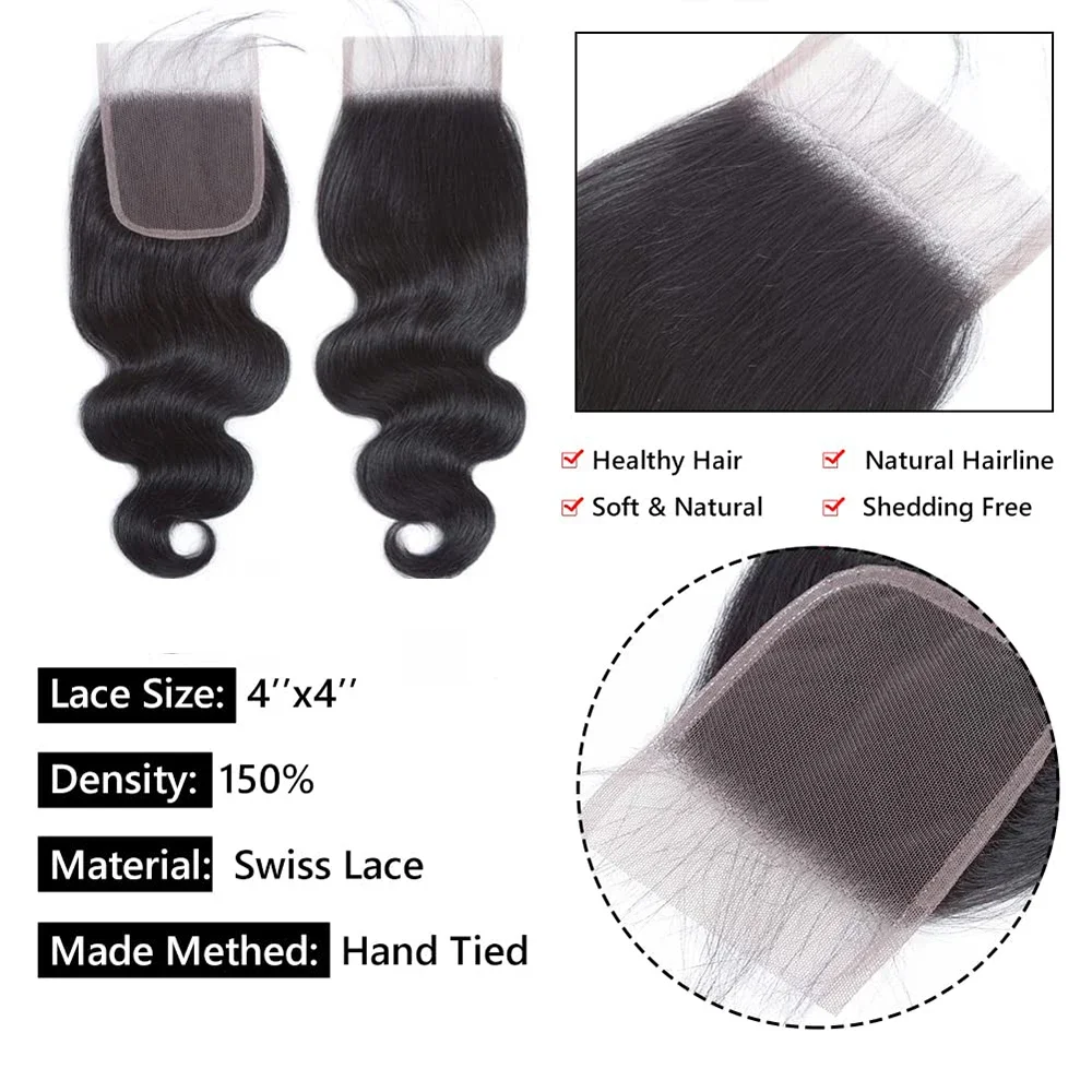 Body Wave Spitzen verschluss mit Haar bündeln 100% menschliches Bündel mit 4x45x5 transparentem Spitzen verschluss Remy Haarweb verlängerungen – Detail 3