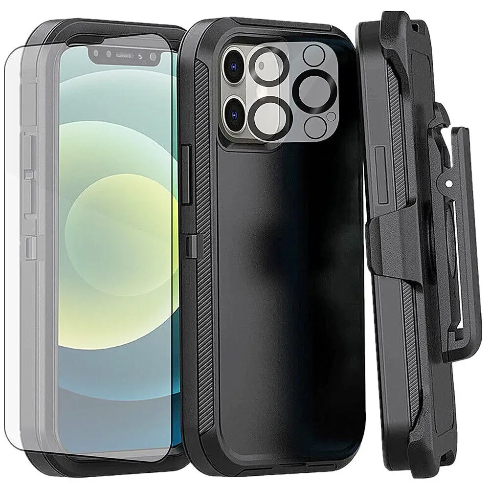 Capa Preta à Prova de Choque Defender Armor Tampa com Clipe de Cinto Lente de Tela Vidro Temperado Iphone 11 Iphone 15 Pro Max Iphone 12 Iphone 13 Mini Iphone 14 Plus