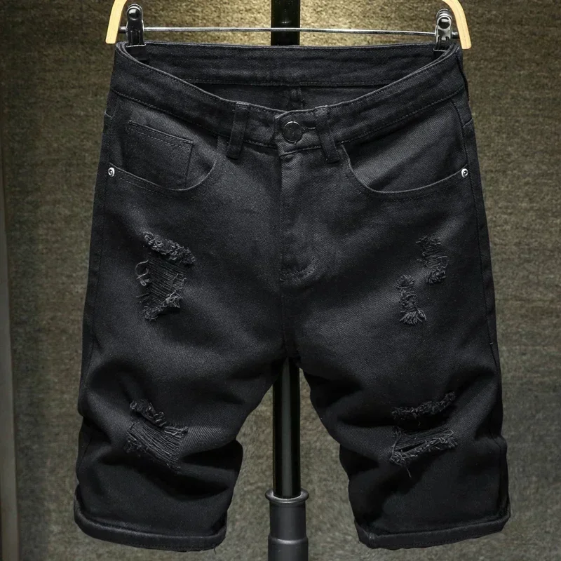 Men's Casual Fashion Straight Denim Shorts Simple Ripped Streetwear Slim Fit Black White
