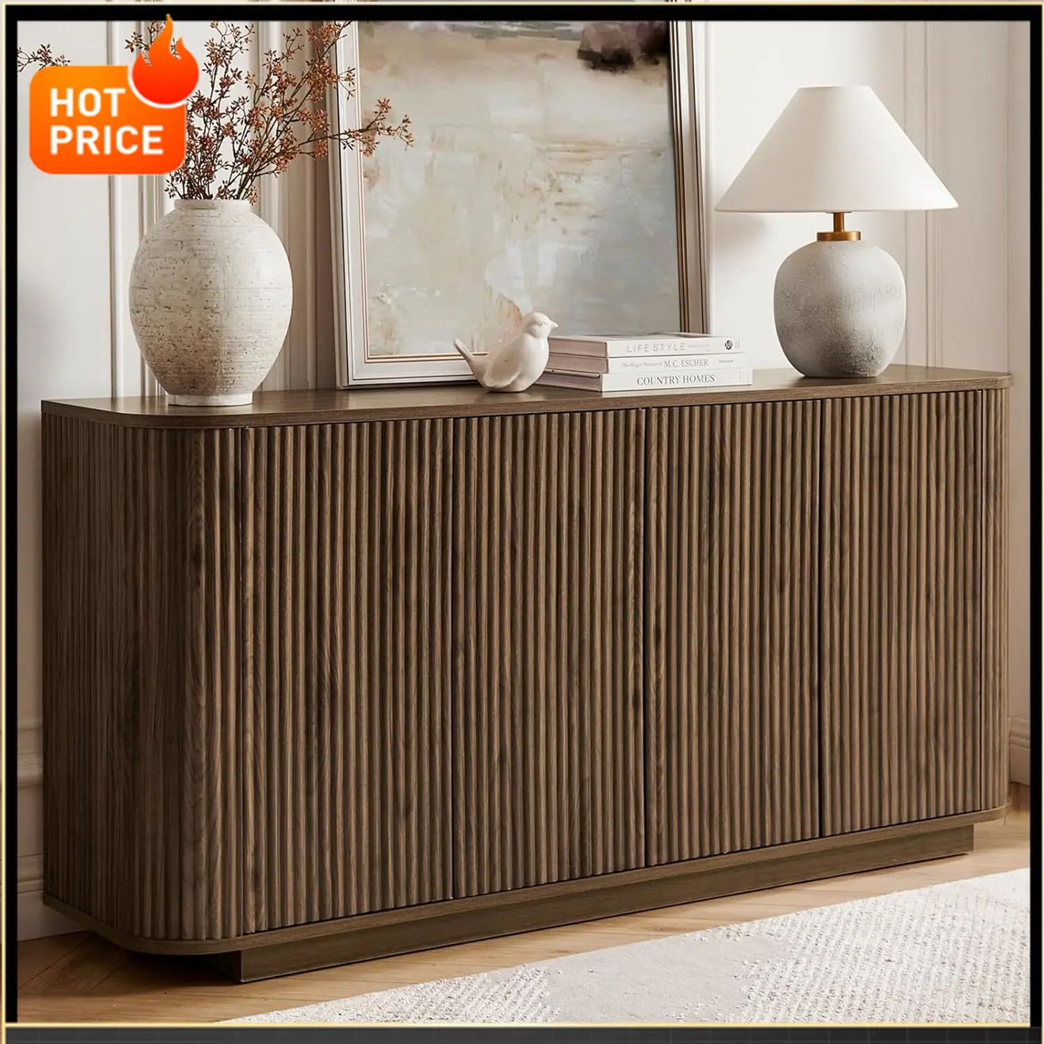 Bestseller64" Sideboard Buffet Cabinet with Storage, Modern Fluted Accent Credenza with Adjustable Shelves, Wood Media Console C