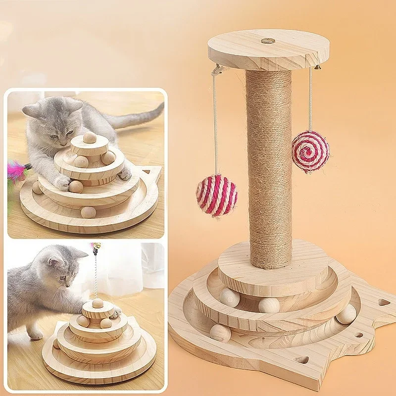 Wooden Cat Toy Tower with Tracks and Ball for Kitten Training