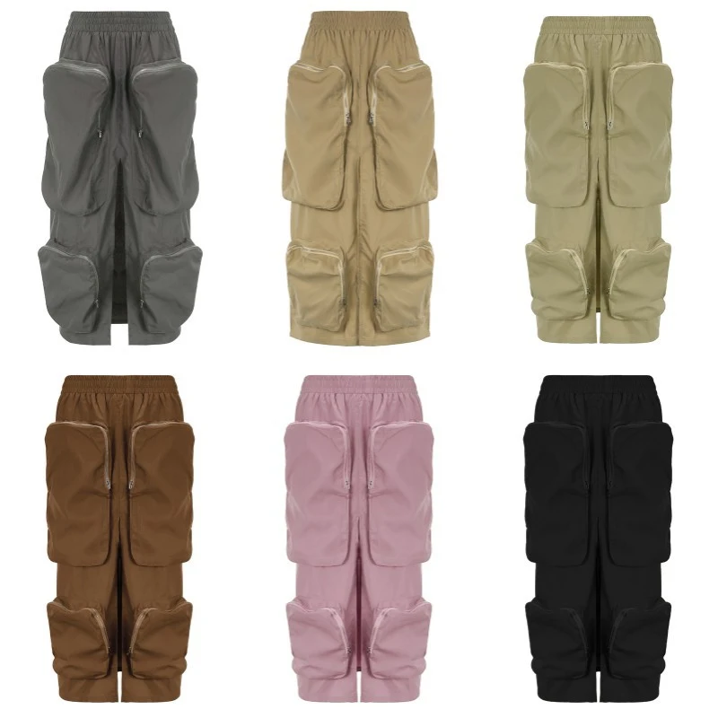 

BKQU Fairy Grunge Big Pocket Cargo Skirt Women 2023 Fashion Loose High Waist Zipper Long Skirts Basic Split Harajuku Y2K Outfits