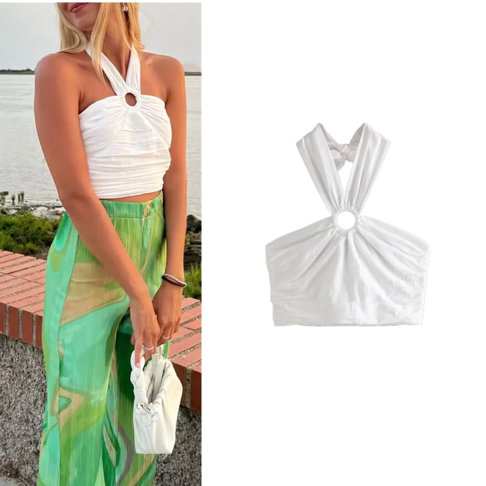 

BSK&TRAF European and American 2024 new summer women's slim fit backless ring buckle decorated halter neck short top 3669359