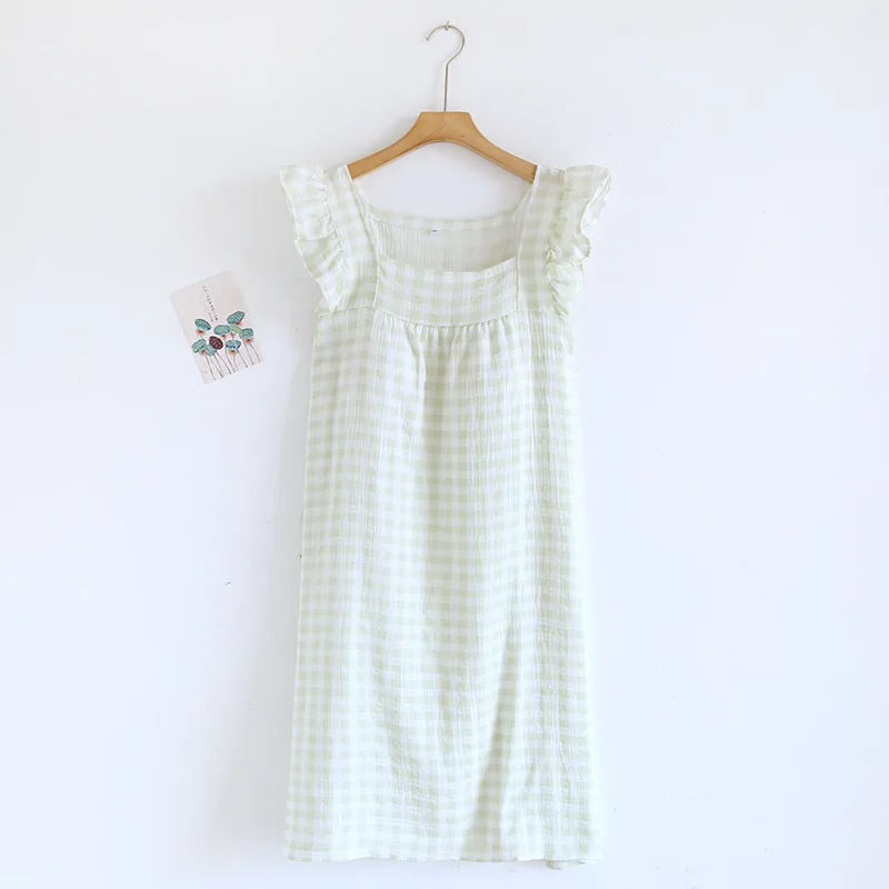 2024 Summer New Women's Sleeping Skirt Tank Top 100% Pure Cotton Large Size Loose Plaid with Chest Cushion Dress Home Fury