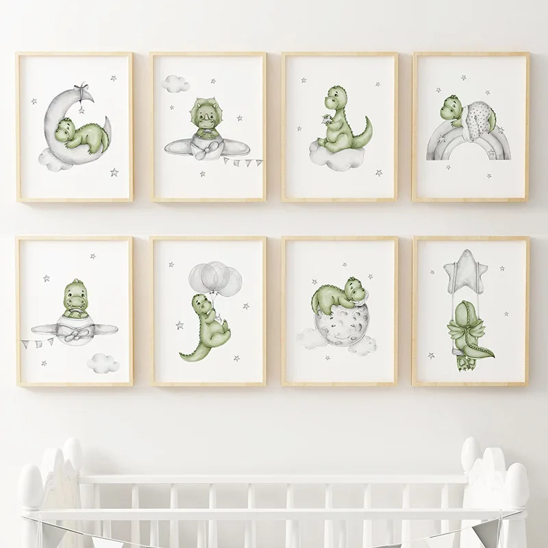 

Watercolor Animals Dinosaur Nursery Wall Art Balloon Moon Rainbow Stars Canvas Painting Posters Prints Baby Kids Room Home Decor