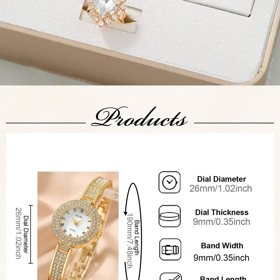 5 squisiti orologi al quarzo, set di gioielli rotondi alla moda, orologio da donna, collana di strass, orecchini, set di anelli_voghion.com