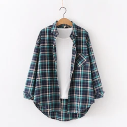 Women's Fresh Flannel Plaid Cotton Blouse - Loose Long Sleeve Casual Top - M (190807)