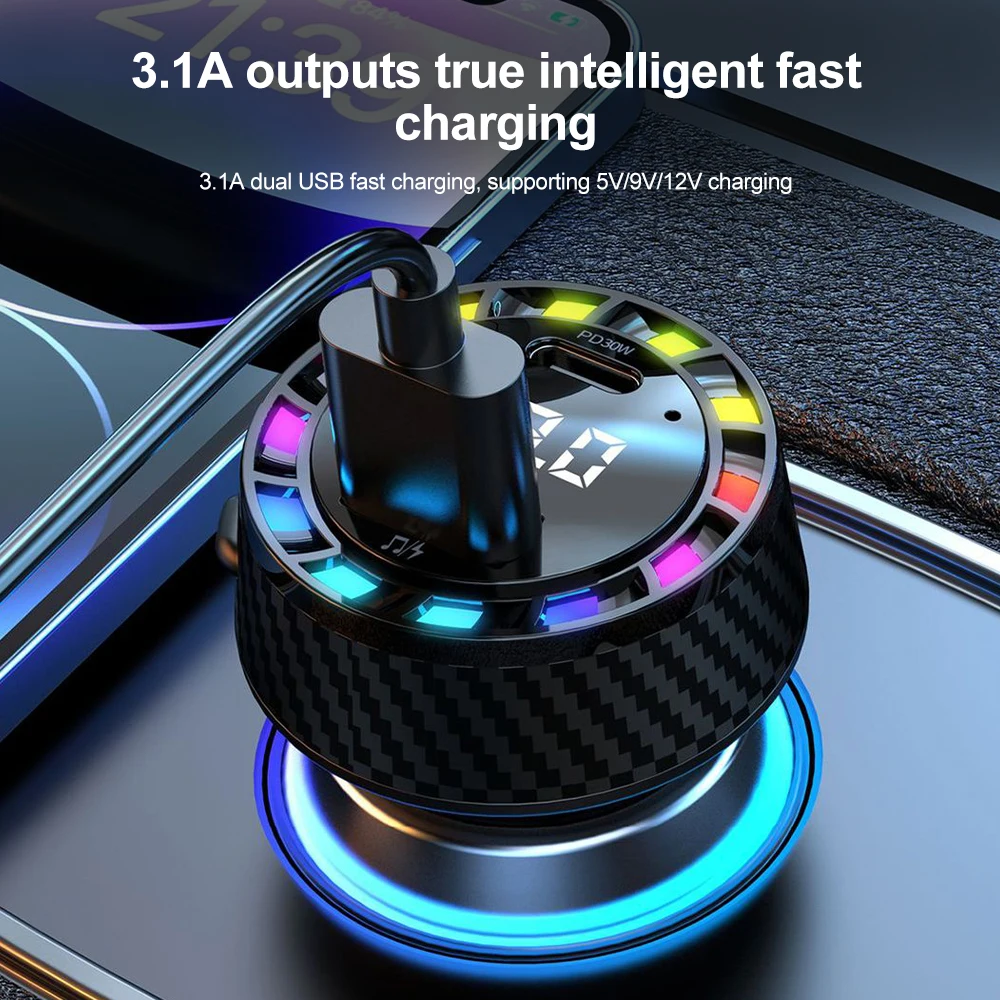 Car Bluetooth 5.3 FM Transmitter Wireless Audio Receiver Car MP3 Player 30W PD Fast Charge With Apple Type-C Port Charging Cable