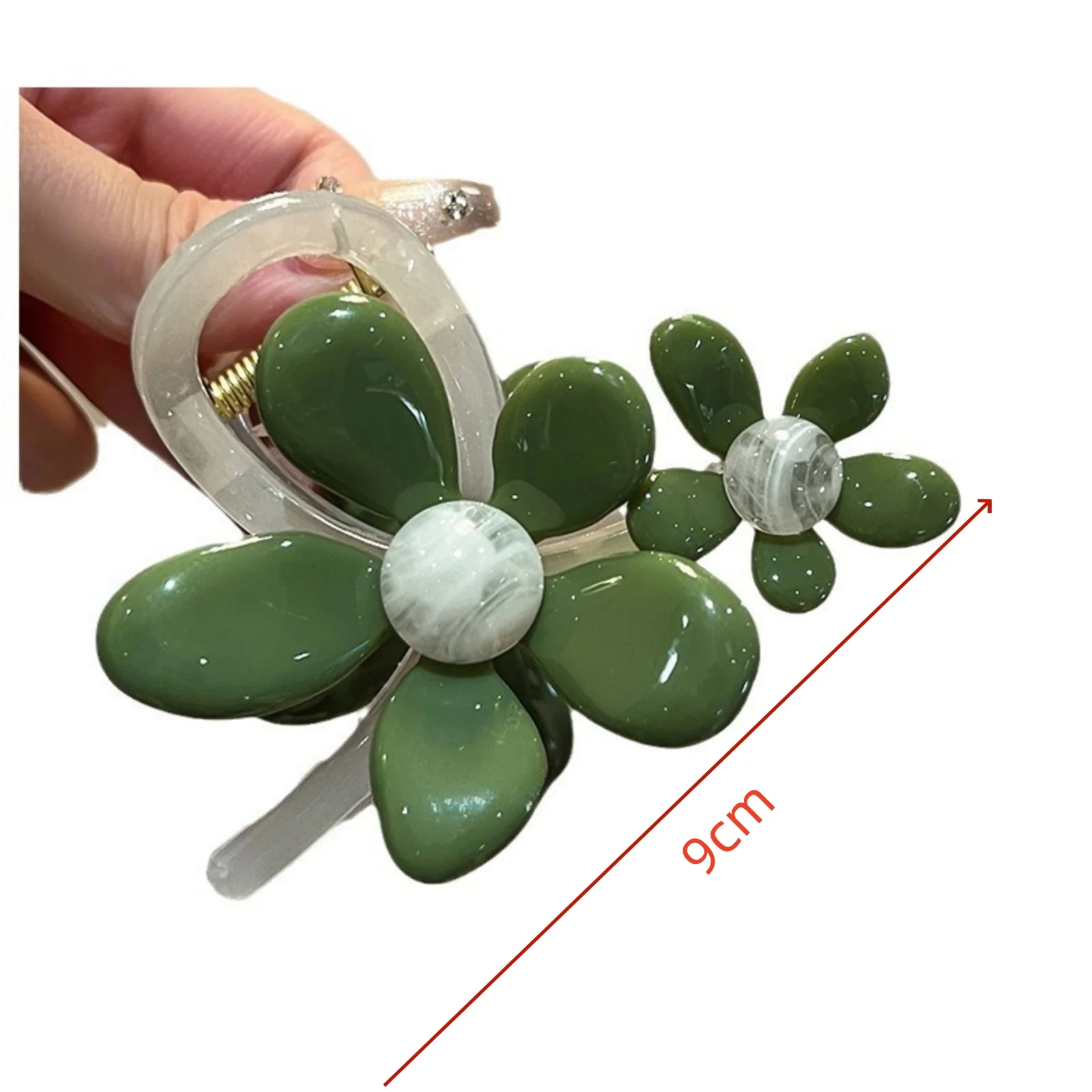 1PC Green Floral Hair Claw, Pearl - Decorated Acrylic Clip, Fashionable Hair Accessory for Women's Chic Hairstyles