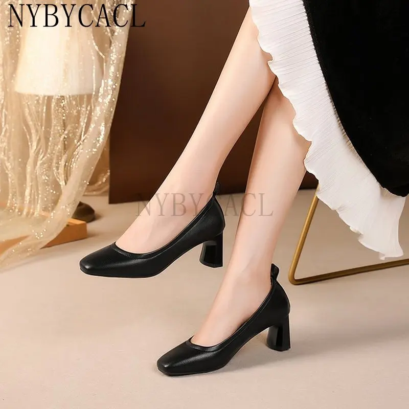 

Women's Chunky High Heel 6 CM Pumps 2023 Spring/Autumn Square Toe French Retro Casual Professional Shoes Zapatos Mujer De Vestir