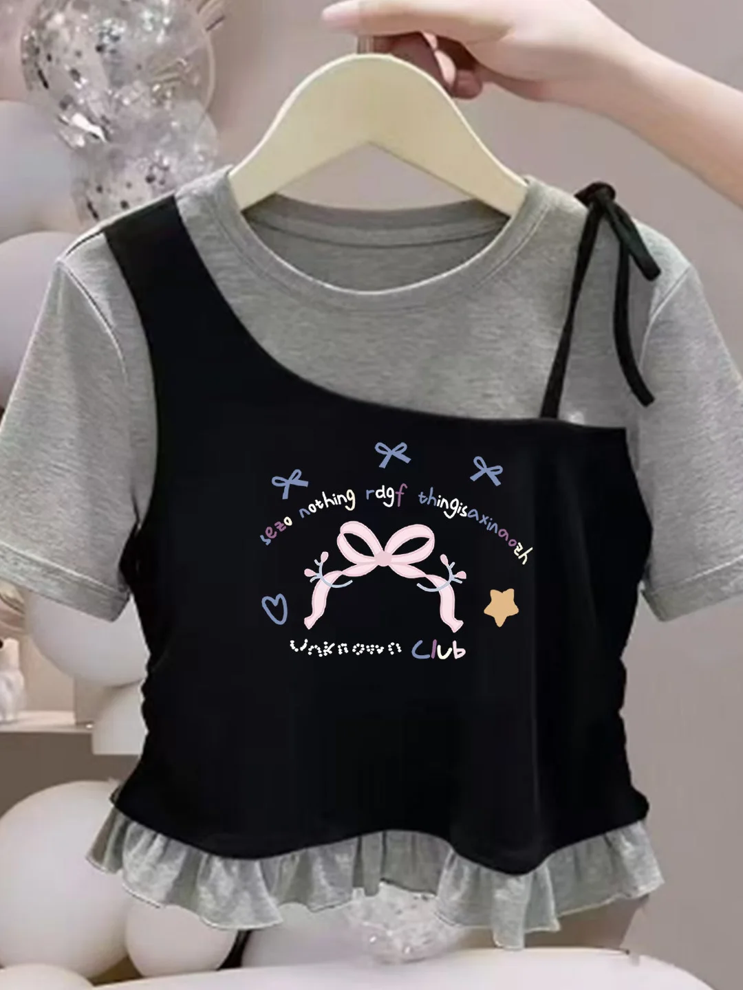 Girls Short Sleeve T-Shirt Pure Cotton Ruffle Hem Short Style Summer Casual Fit Children's Wear Breathable round Neck Top - 4